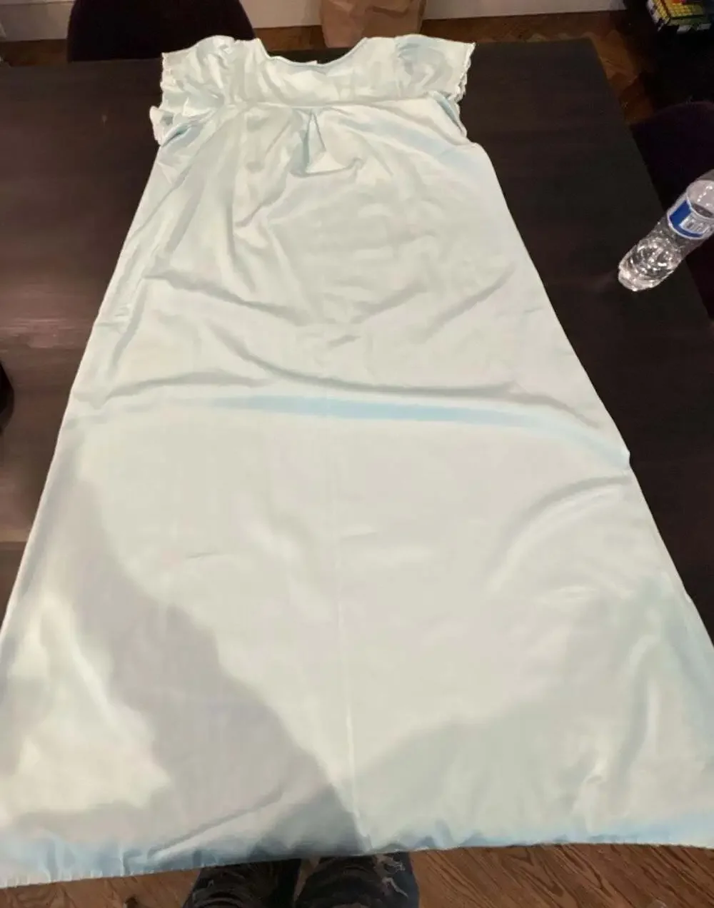 Natori Vintage Baby Blue Satin Nightgown Embroidered Floral Appliqué size S